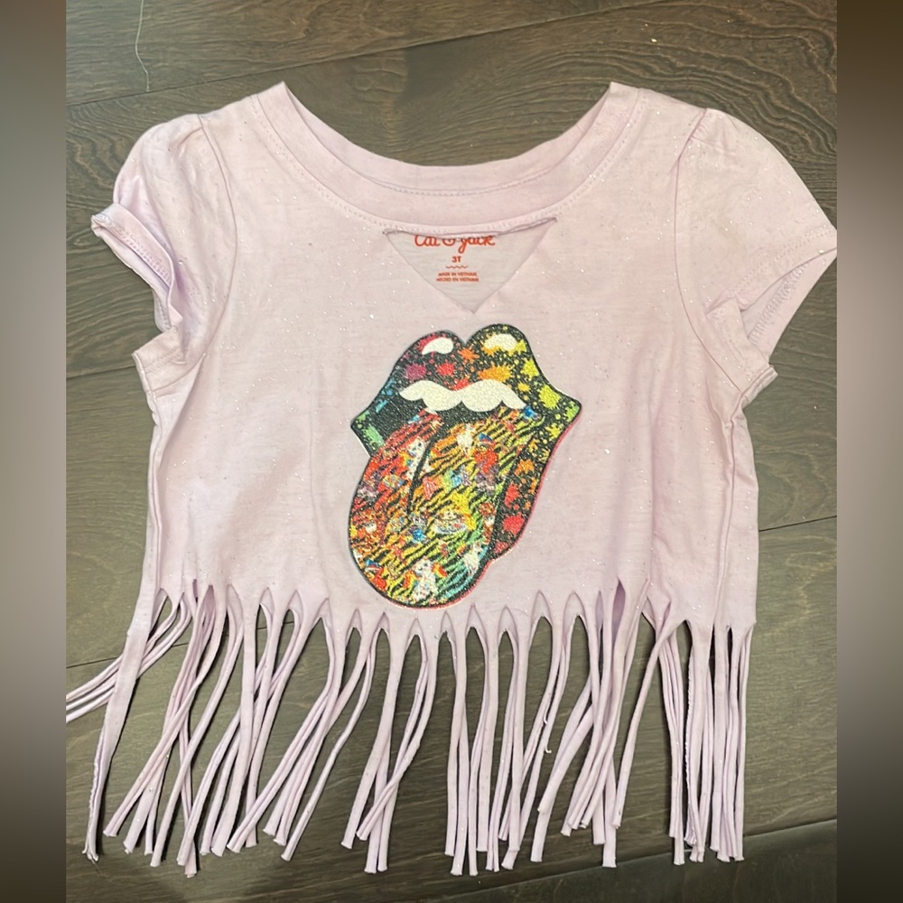 Lavender distressed glitter graphic fringe crop